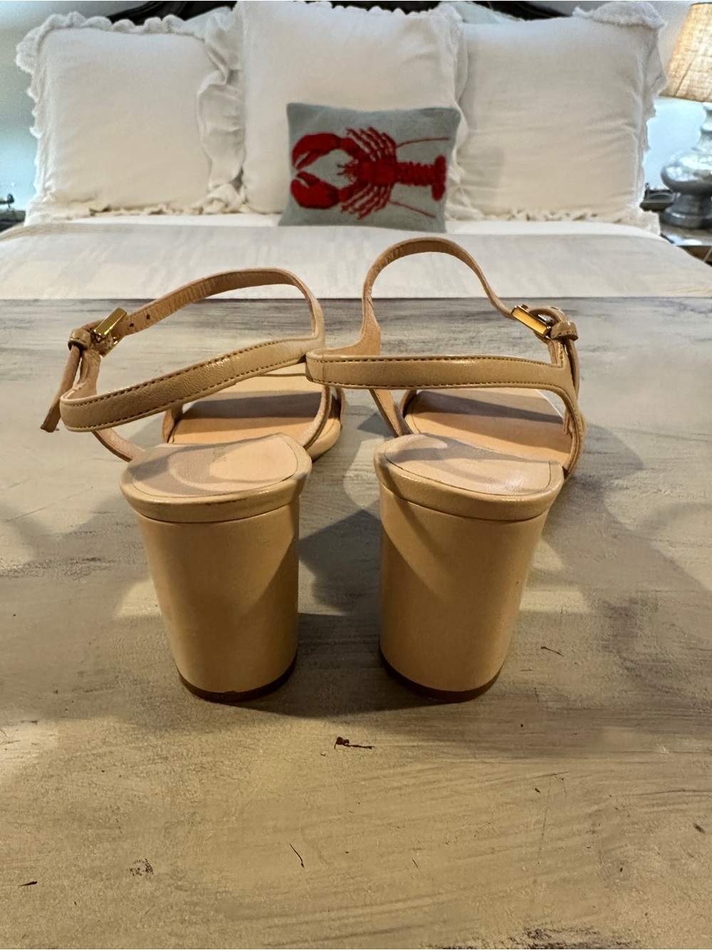 Stuart Weitzman Solo Leather Block Heel Nude Sandal - Picture 4 of 5
